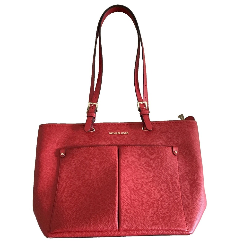 Michael Kors Red Jet Set Medium Pebbled Tote Zip Closure Gold‎ Hardware Pockets